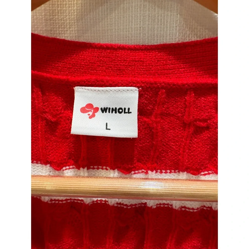 WIHOLL Red White Striped Cable Knit Button Front Sweater Vest V-Neck Large - Picture 4 of 7
